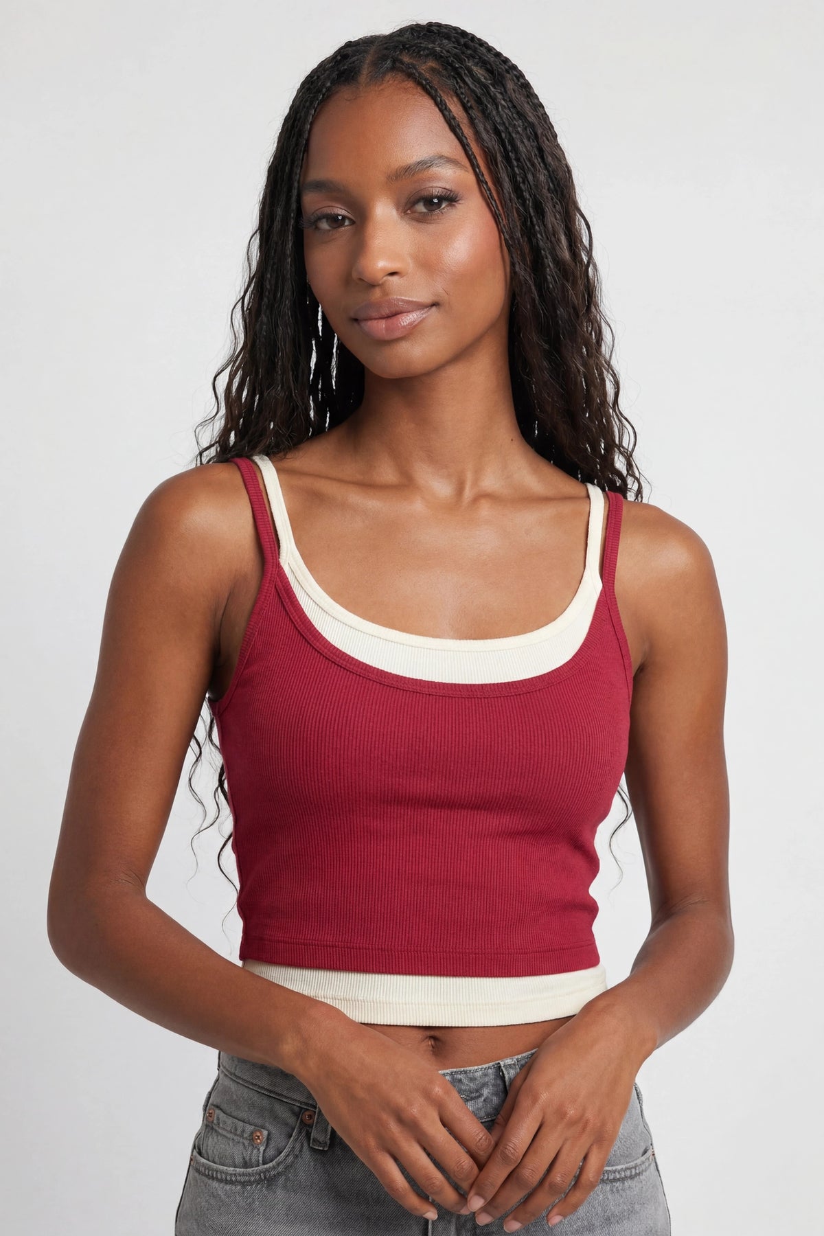 Soft Ribbed Layered Tank - Red