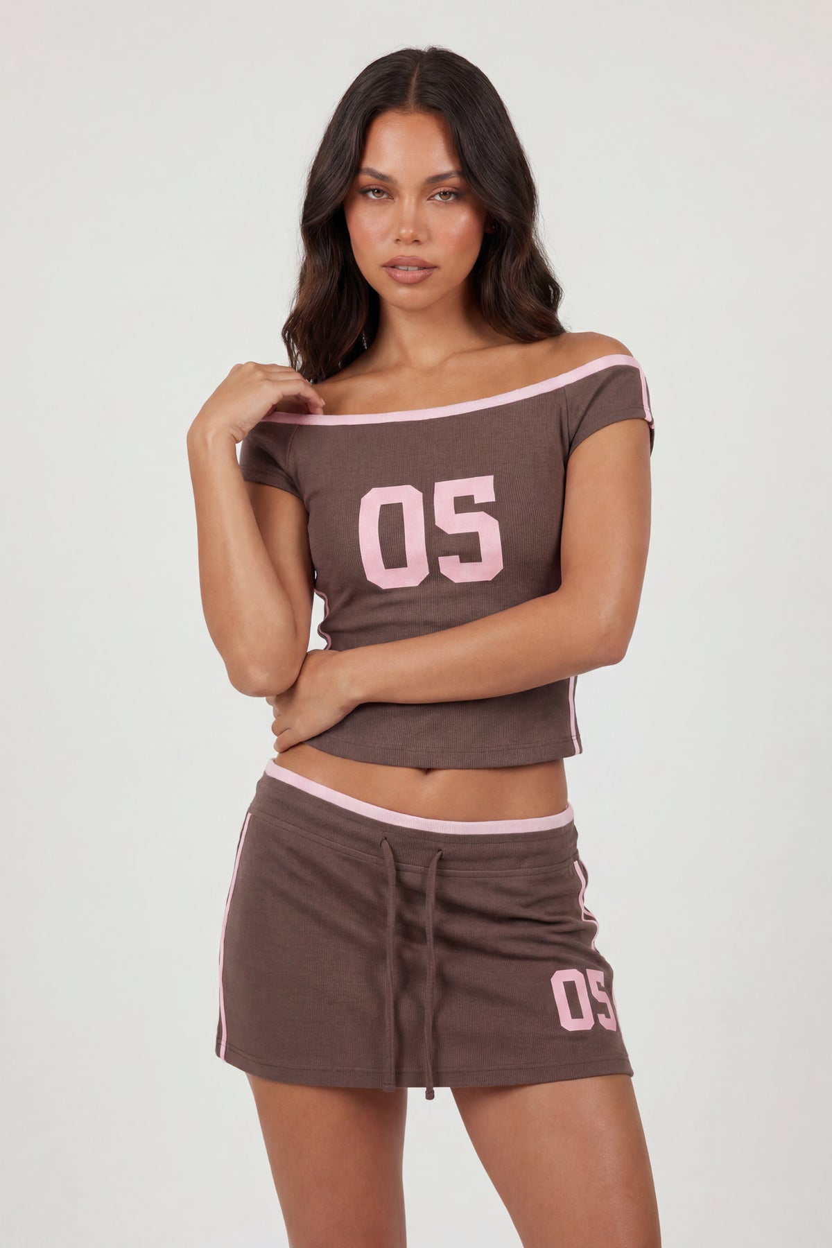 Graphic Off Shoulder Top & Mini Skirt Set - Brown