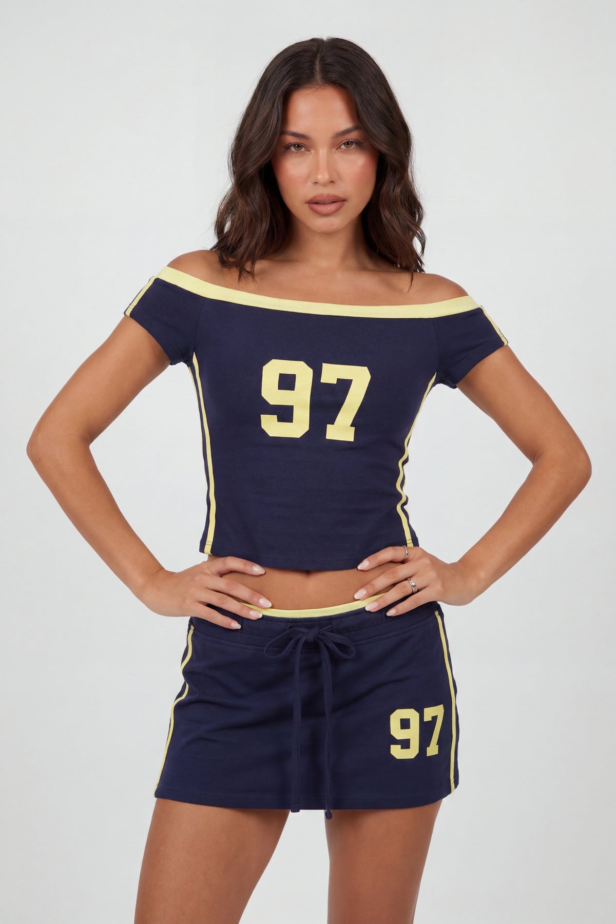 Graphic Off Shoulder Top & Mini Skirt Set - Navy