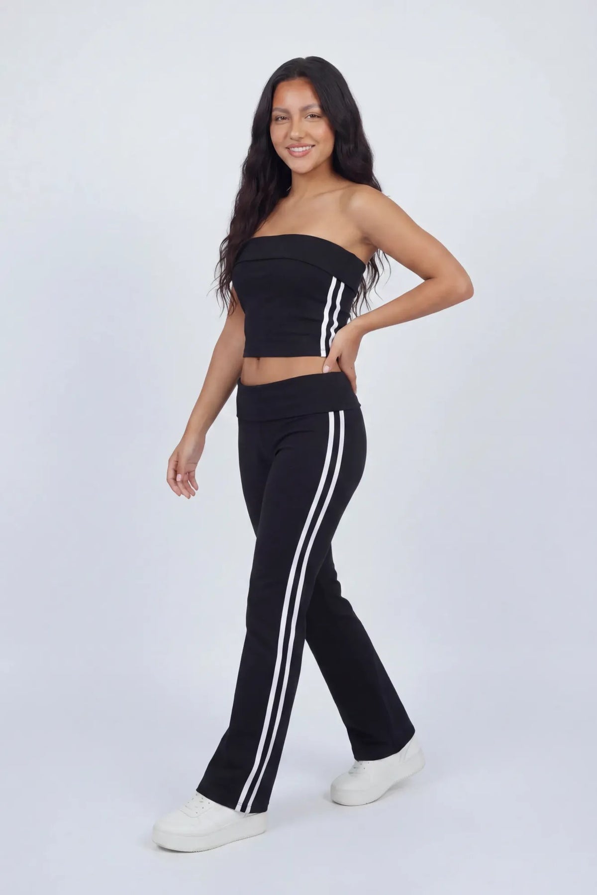 Active Side Stripe Tube Top & Pant Set - Black