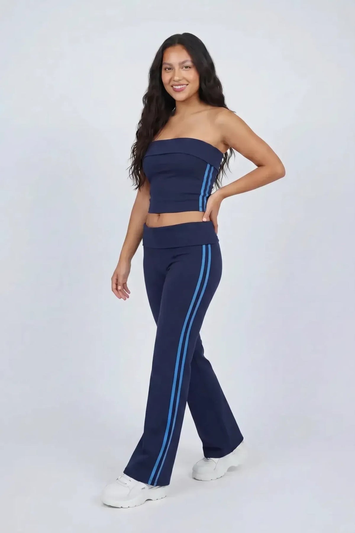 Active Side Stripe Tube Top & Pant Set - Navy
