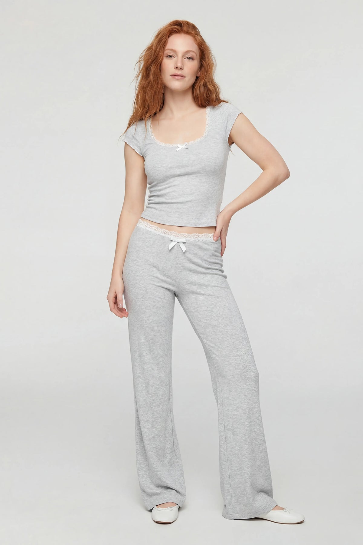 Lace Trim Wide Leg Pant - Light Grey