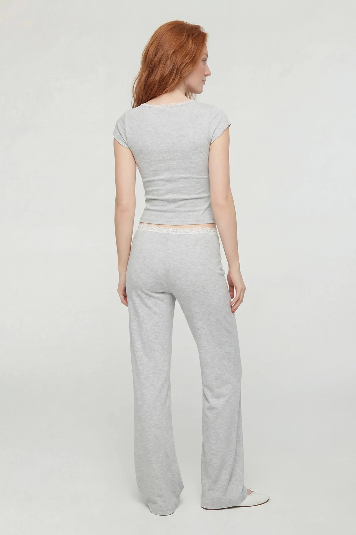 Alt View 2. Lace Trim Wide Leg Pant - Light Grey