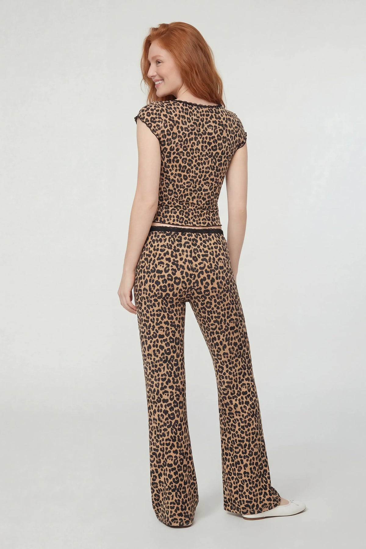Alt View 2. Lace Trim Wide Leg Pant - Leopard