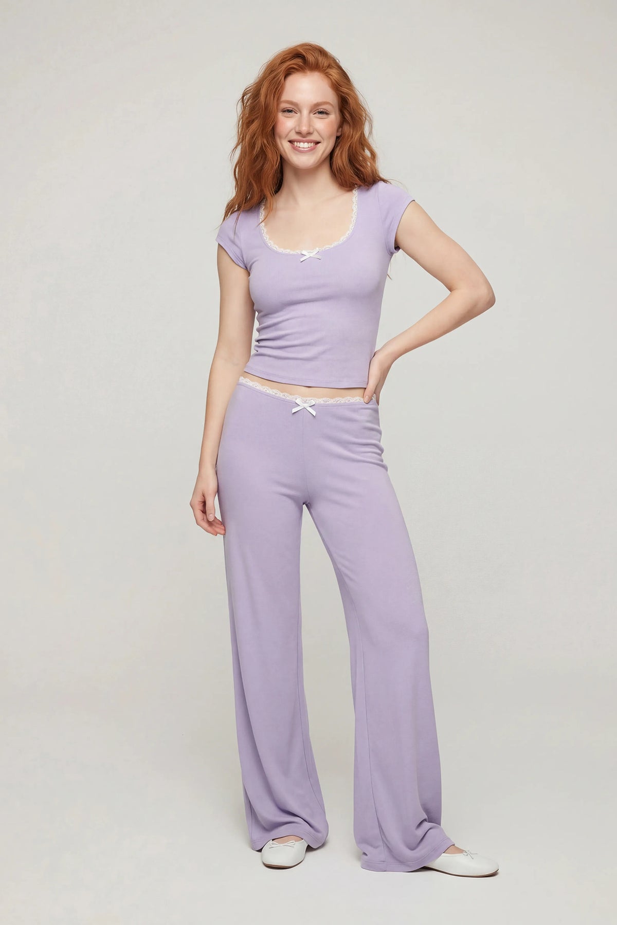 Lace Trim Wide Leg Pant - Lilac