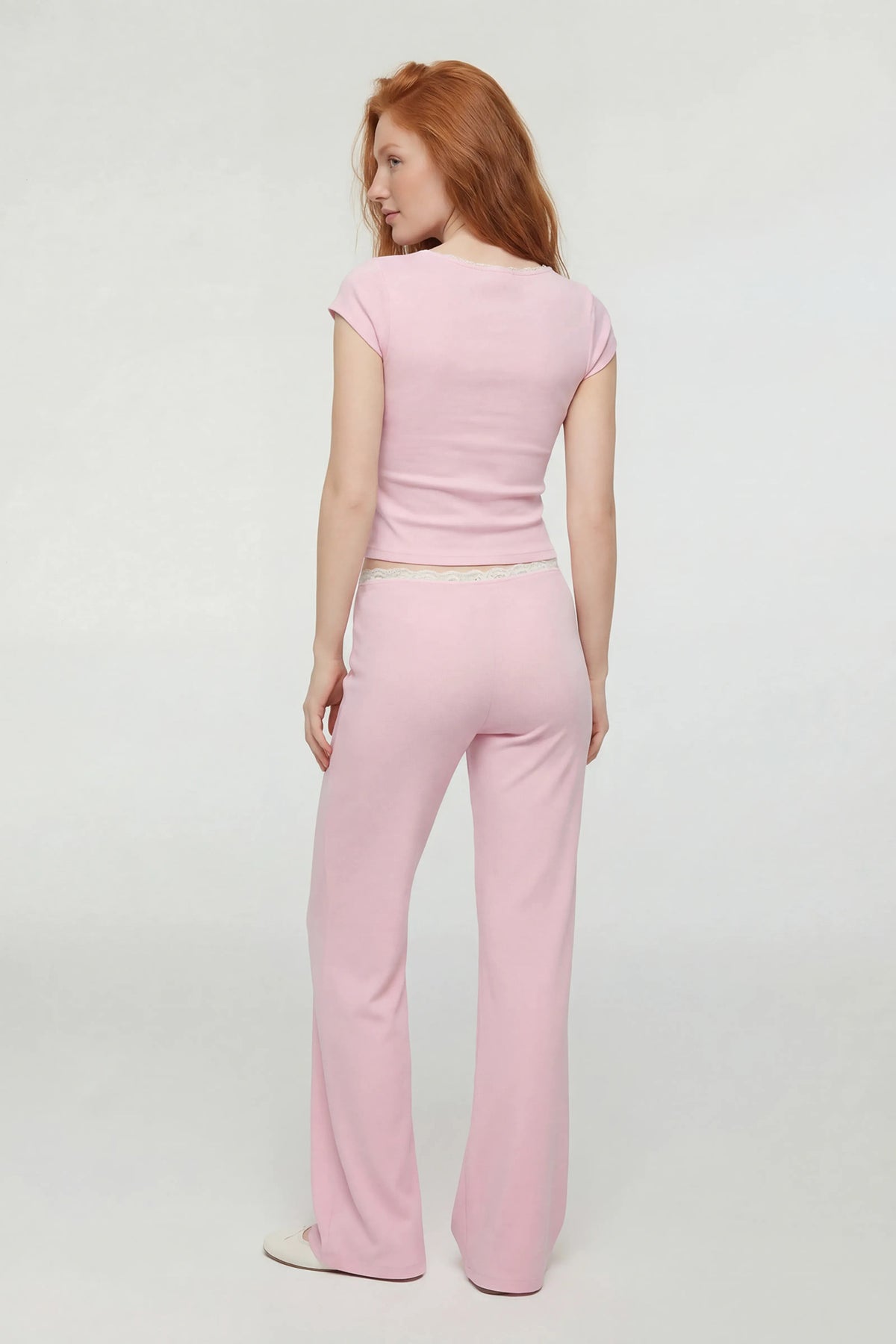 Alt View 2. Lace Trim Wide Leg Pant - Pink
