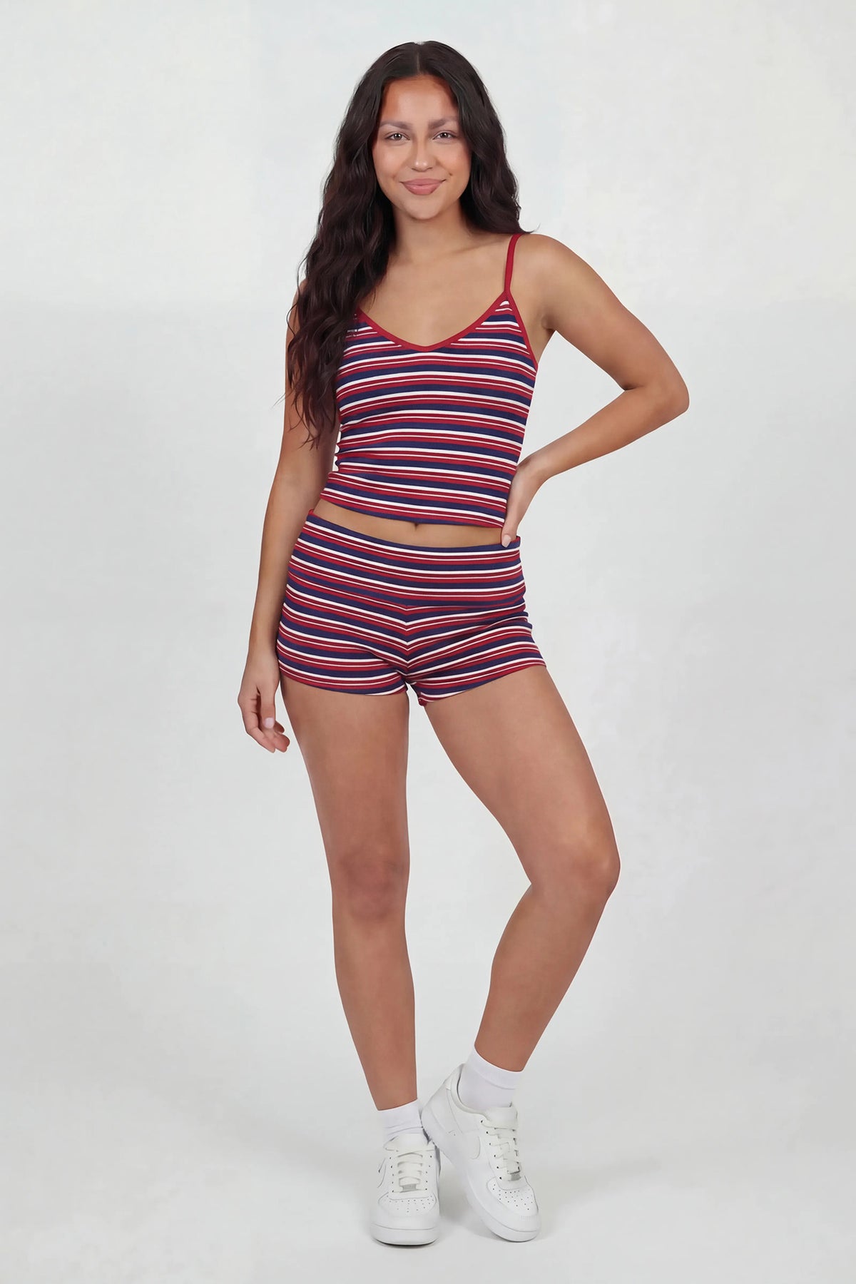 Alt View 3. Striped Foldover Waist Shortie - Red