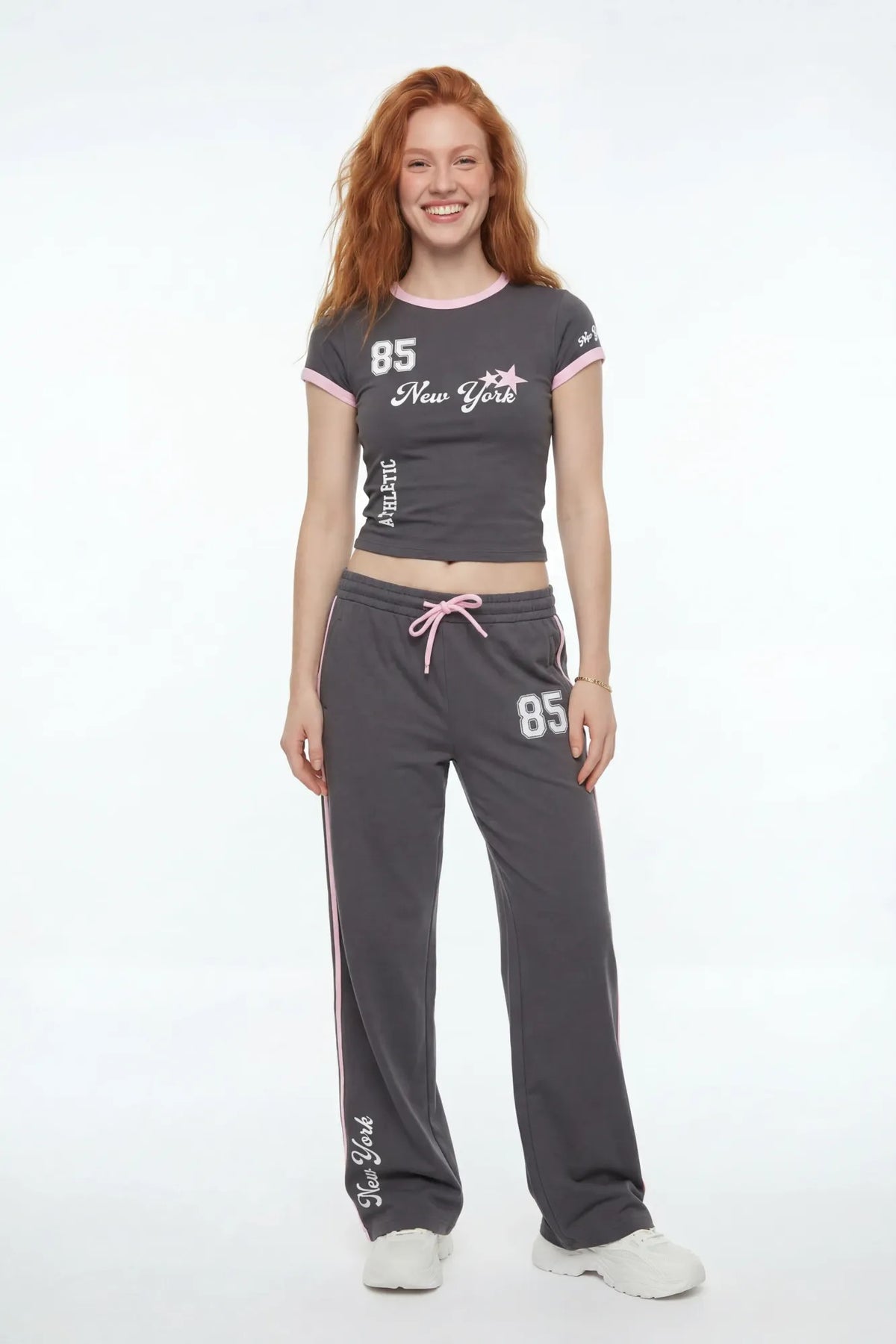 New York Graphic T-Shirt & Wide Leg Pant Set - Charcoal