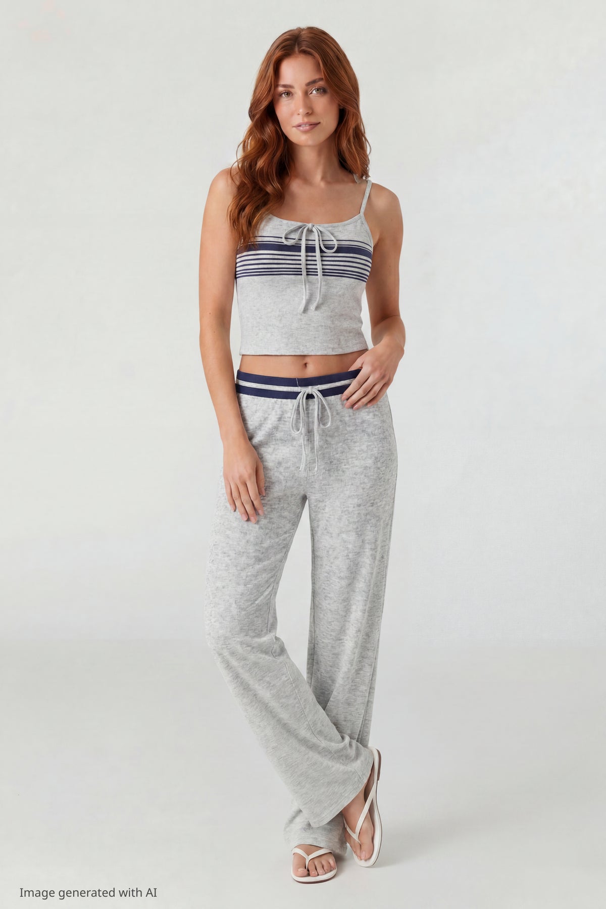 Striped Waist Wide Leg Pant - Light Grey
