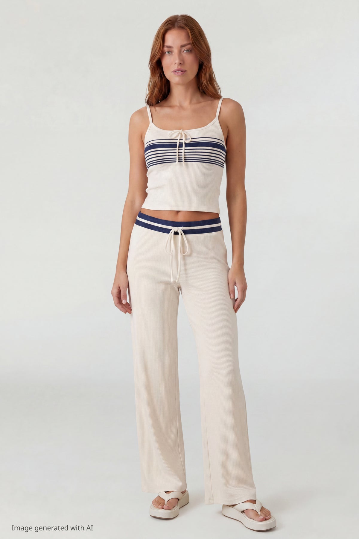 Striped Waist Wide Leg Pant - Cream