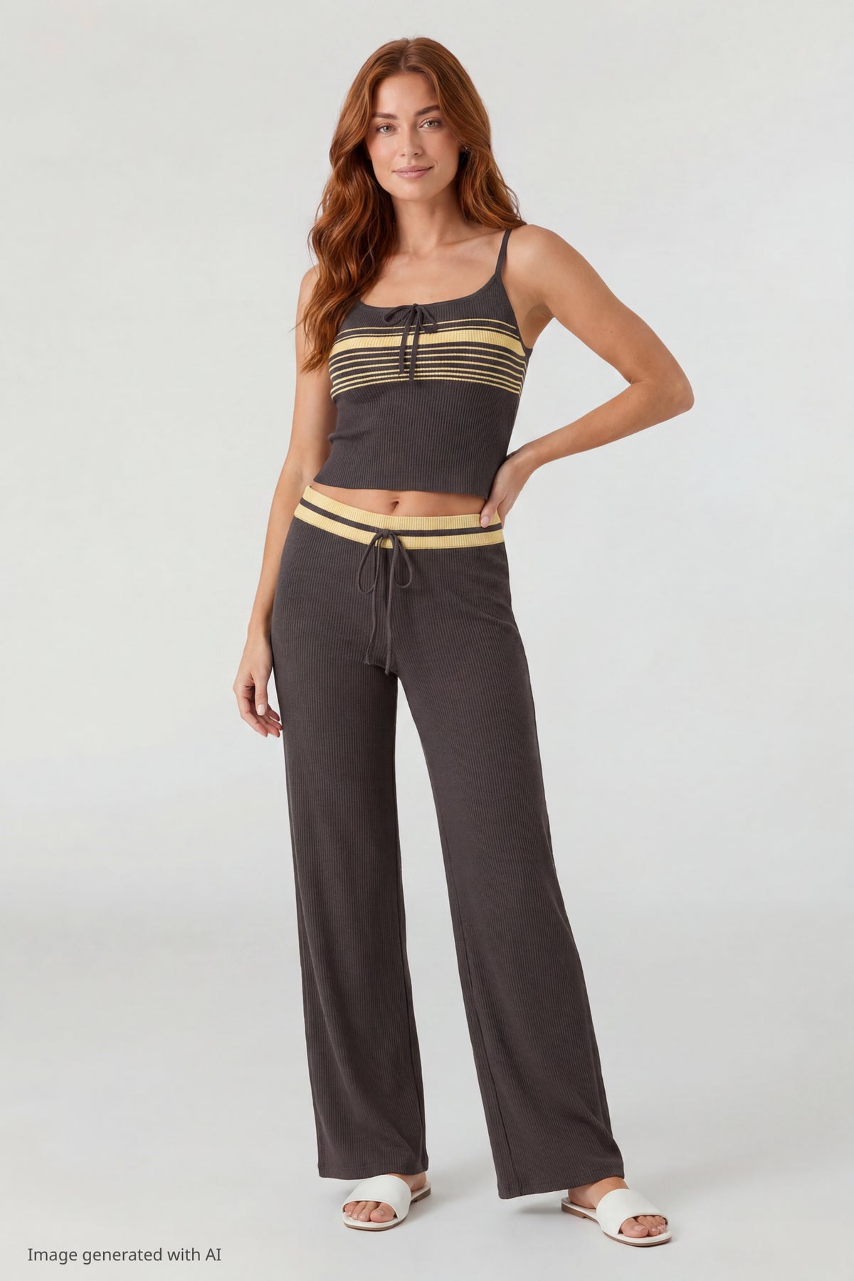 Striped Waist Wide Leg Pant - Brown