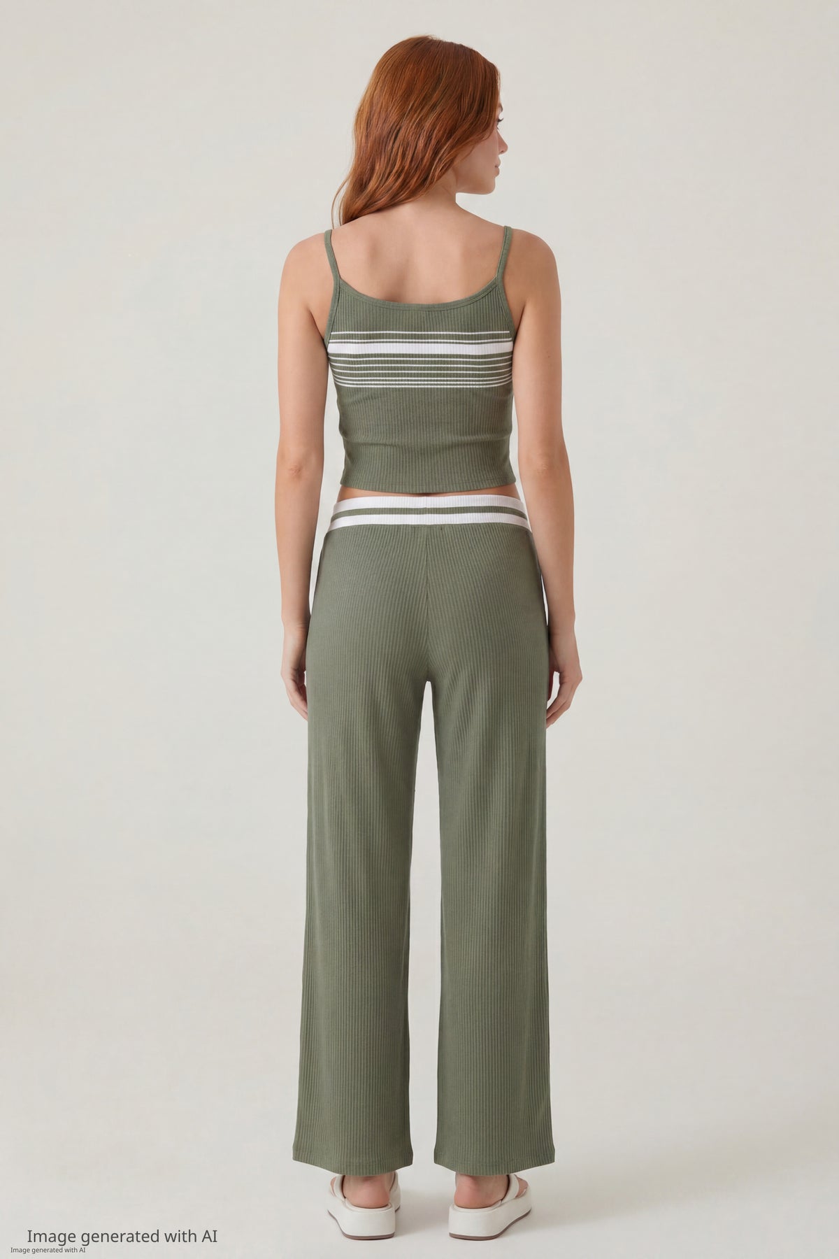 Alt View 2. Striped Waist Wide Leg Pant - Dark Green