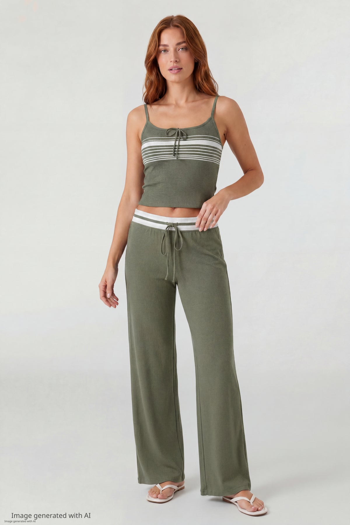 Striped Waist Wide Leg Pant - Dark Green