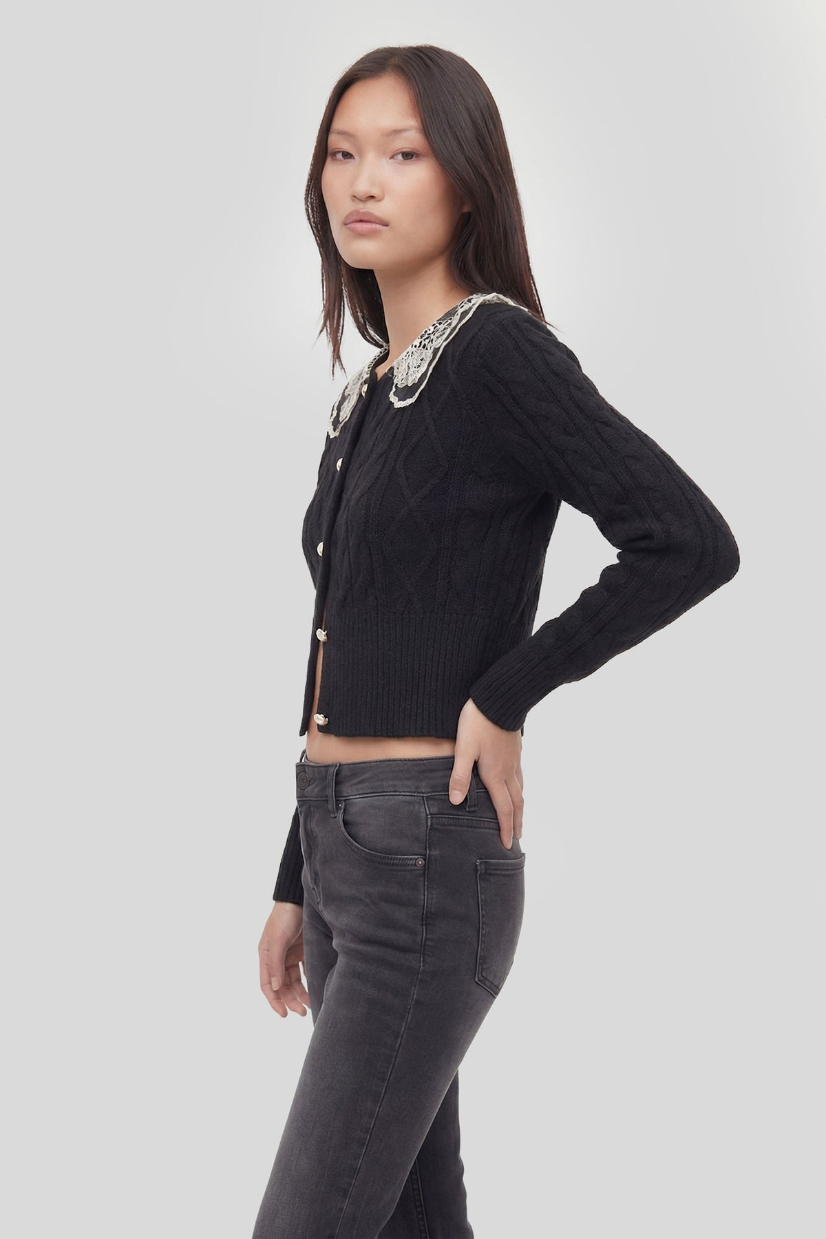 Alt View 2. Lace Collar Cable Knit Cardigan - Black