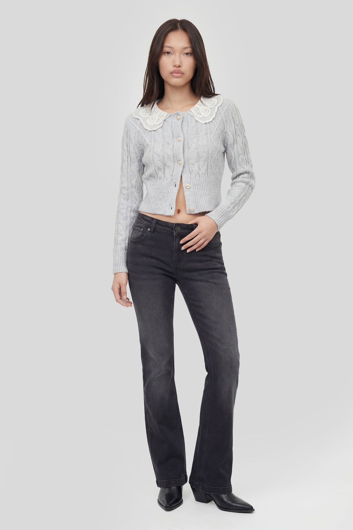 Alt View 3. Lace Collar Cable Knit Cardigan - Heather Grey