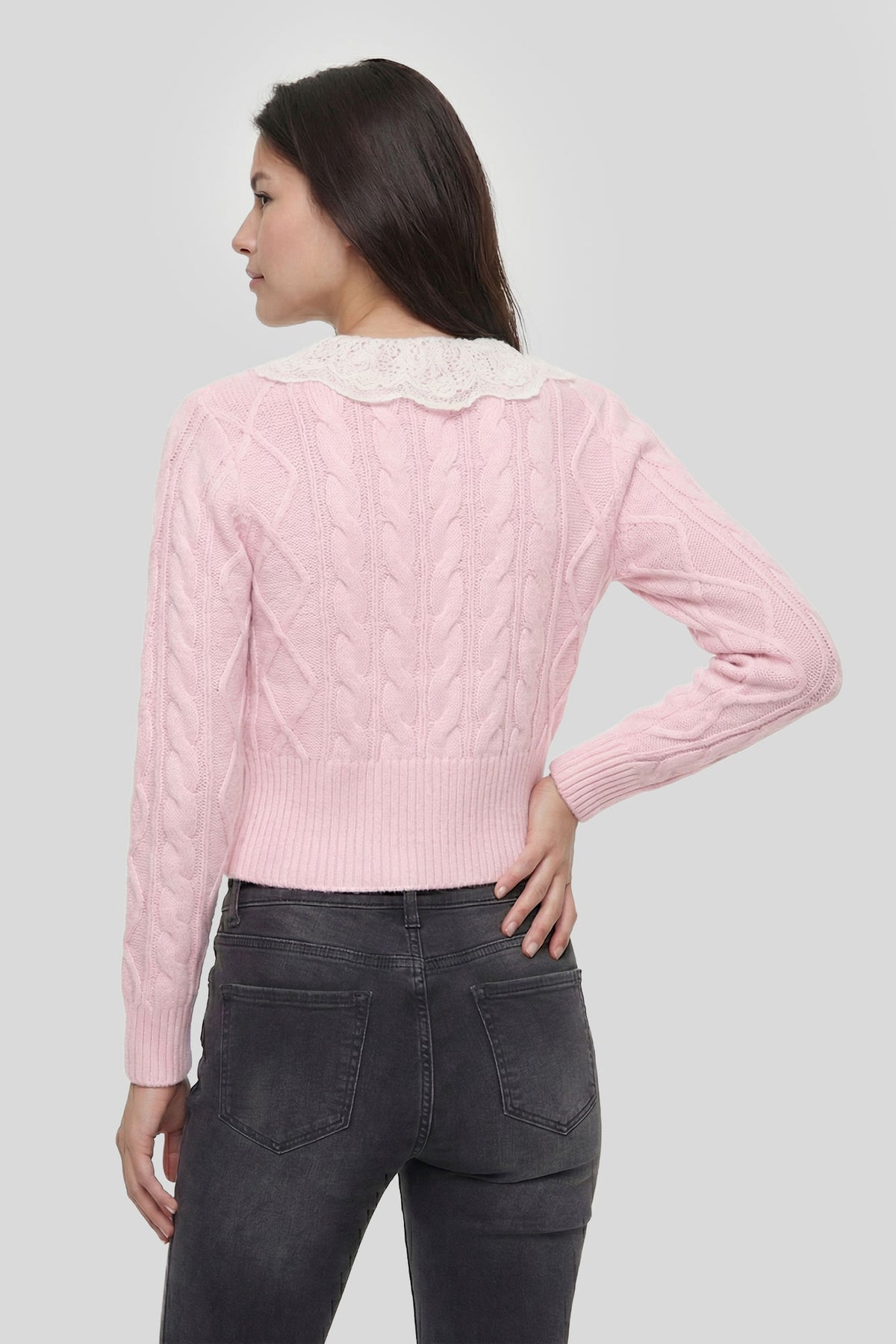 Alt View 2. Lace Collar Cable Knit Cardigan - Pink