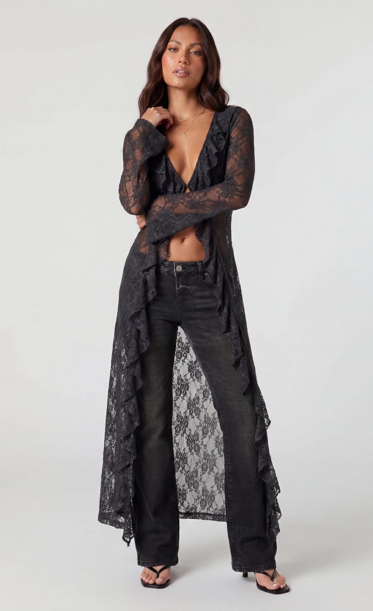 Lace Ruffled Cardigan - Black