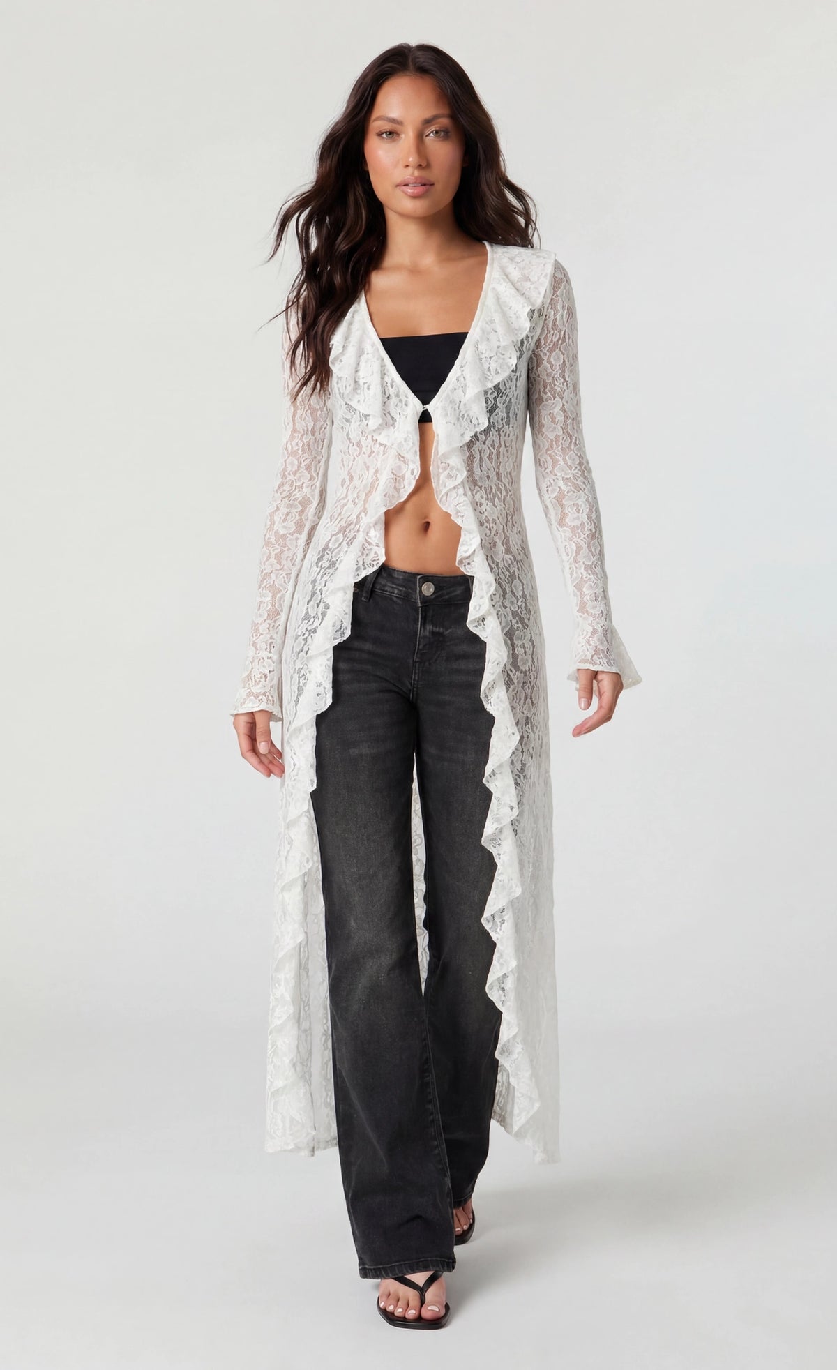 Lace Ruffled Cardigan - White