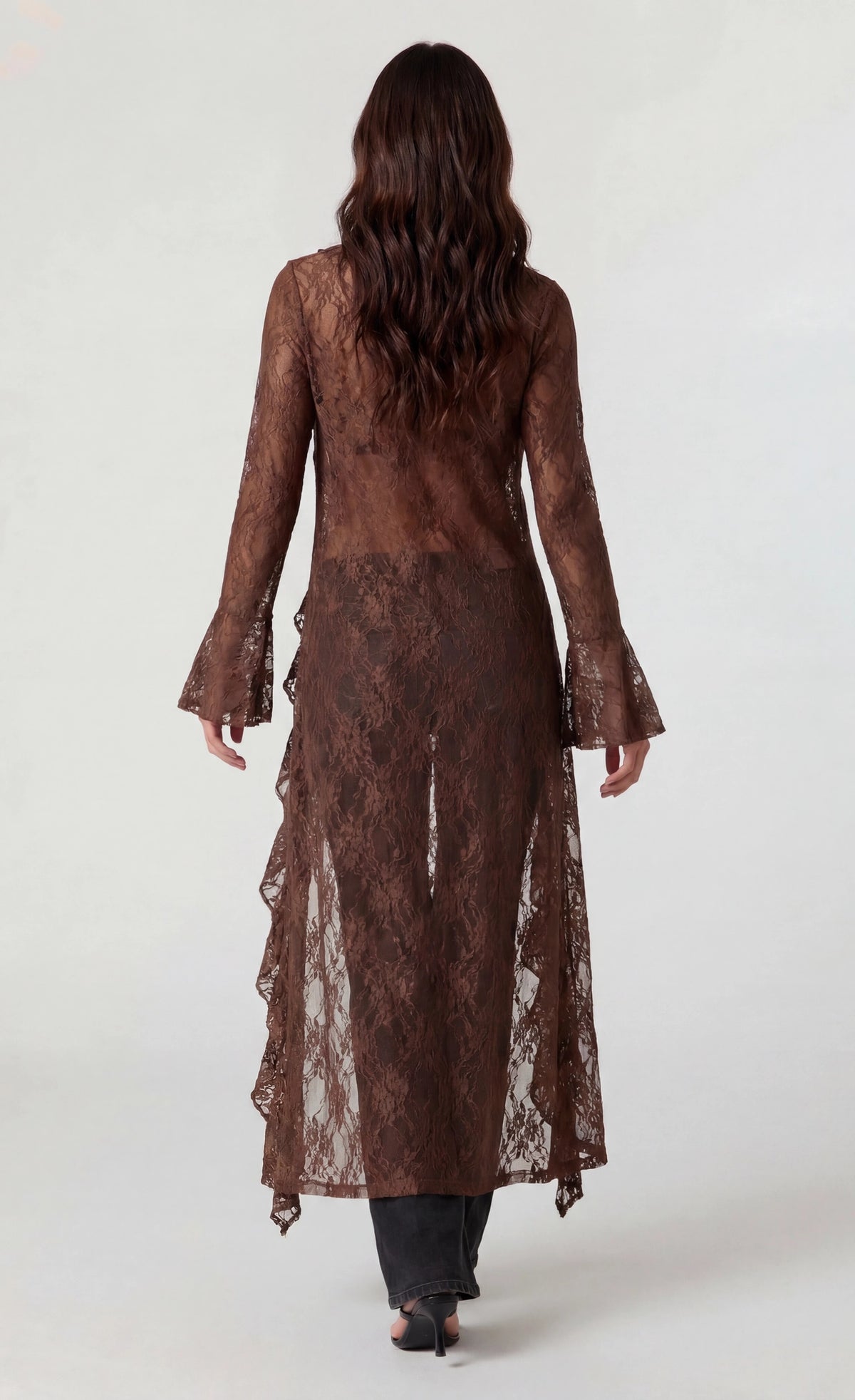 Alt View 2. Lace Ruffled Cardigan - Medium Brown