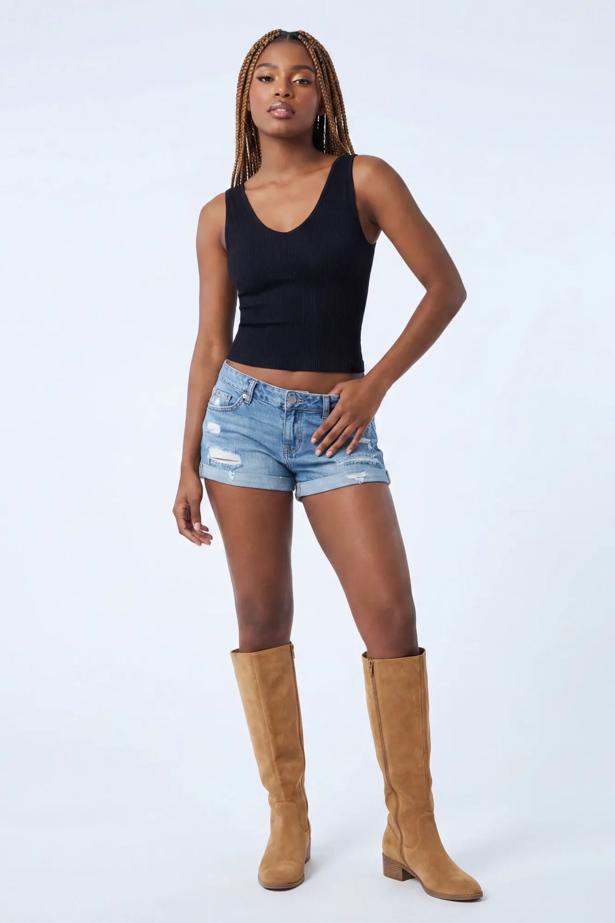 Seamless Ribbed V-Neck Tank - Black