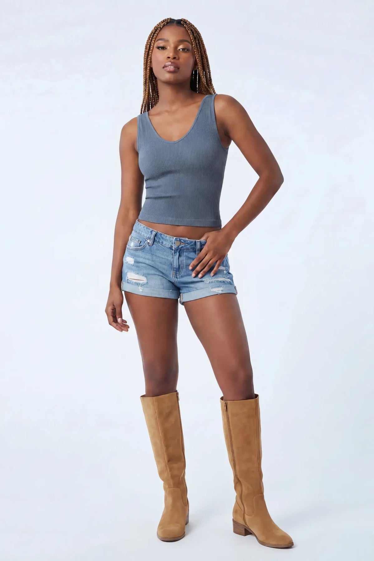 Seamless Ribbed V-Neck Tank - Denim Blue