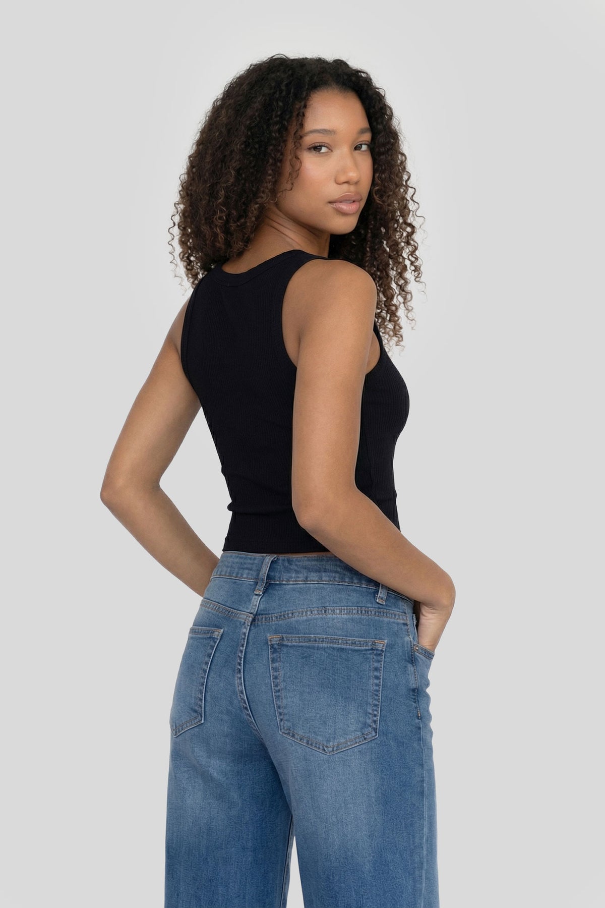Alt View 2. Seamless Ribbed Square Neck Tank - Black