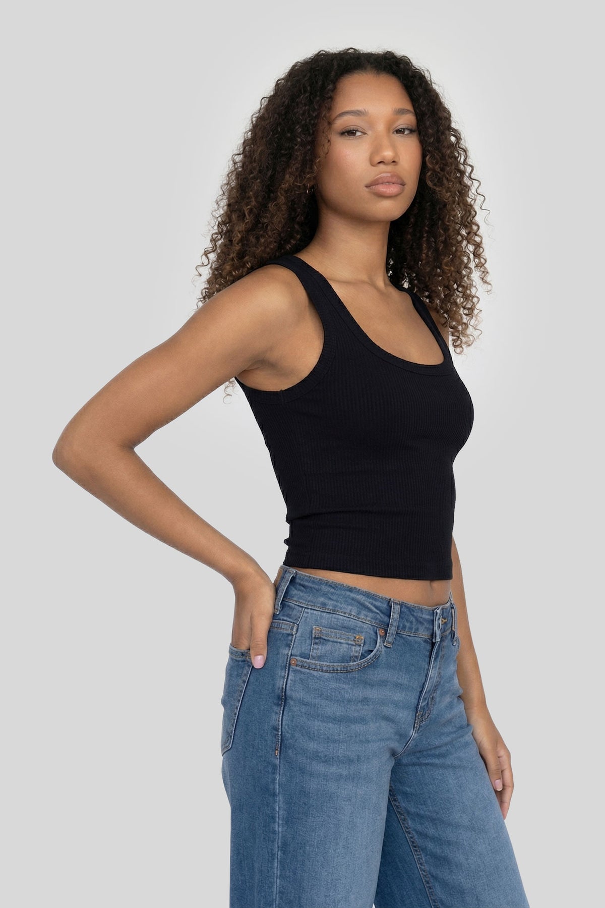 Seamless Ribbed Square Neck Tank - Black