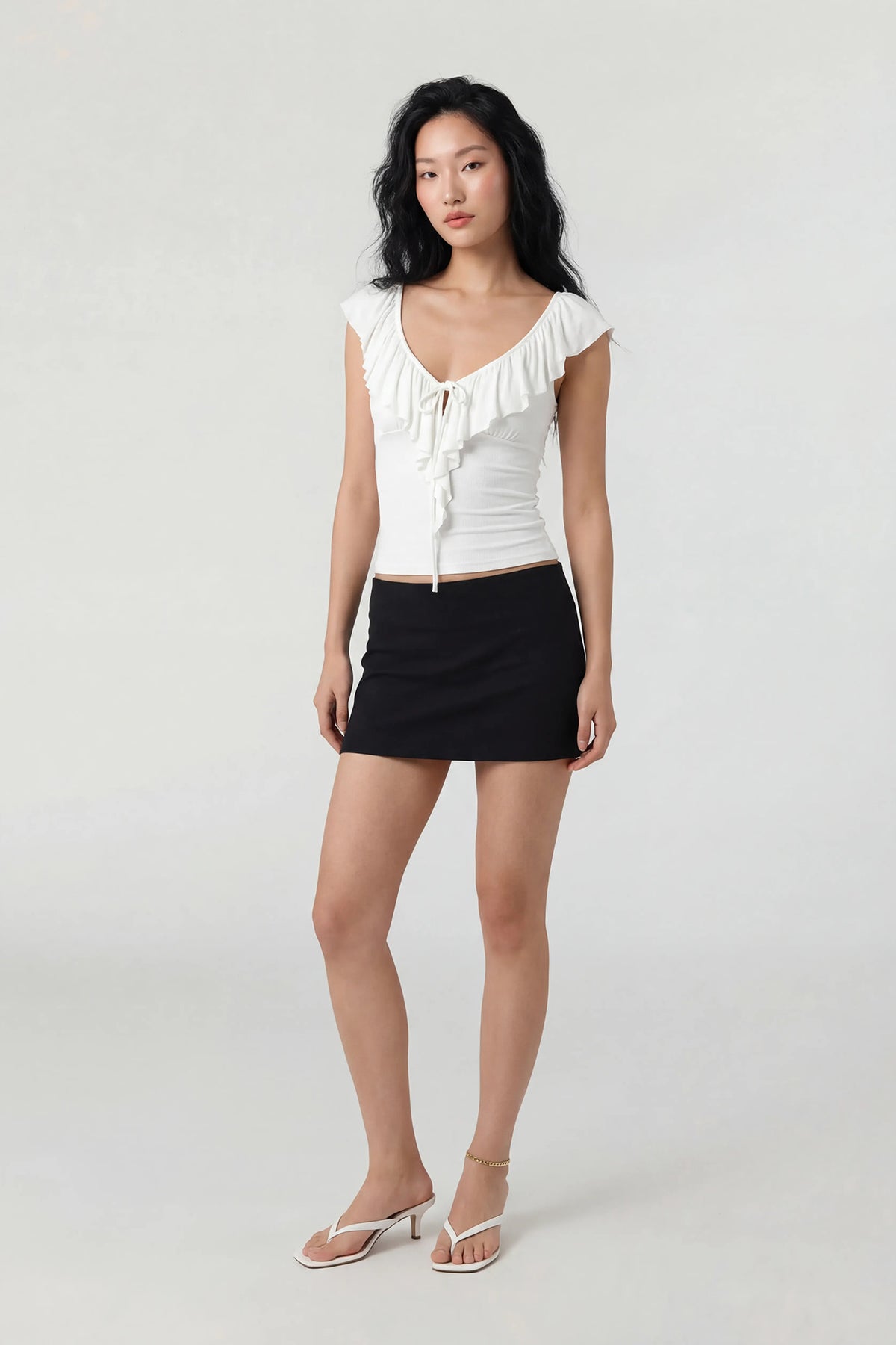 Alt View 3. V-Neck Ruffle Tie Front Top - White
