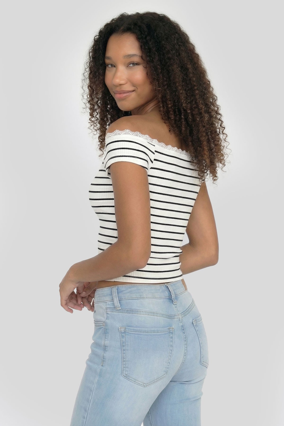 Alt View 2. Ribbed Lace Trim Off Shoulder Top - Navy