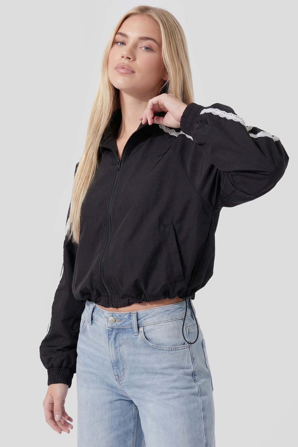 Lace Trim Windbreaker - Black