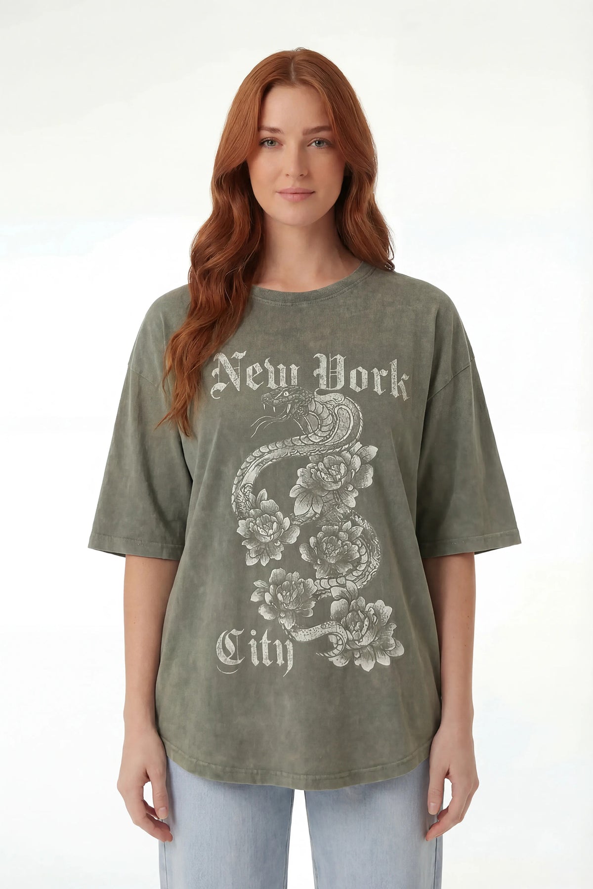 Oversized Graphic Washed T-Shirt - Dark Green