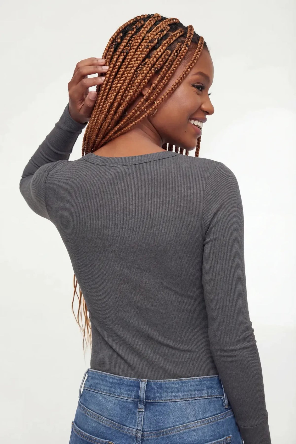 Alt View 2. Ribbed Long Sleeve Henley Bodysuit - Charcoal