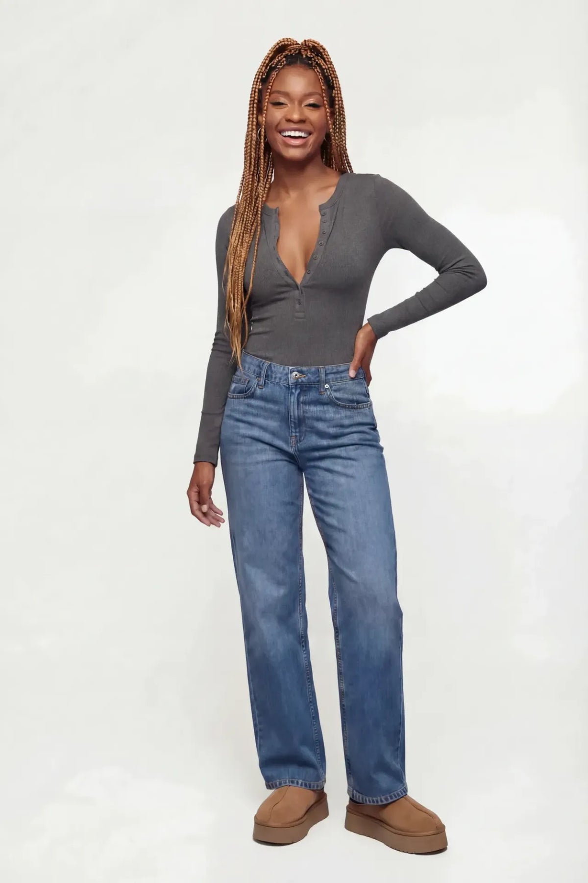 Alt View 3. Ribbed Long Sleeve Henley Bodysuit - Charcoal