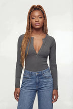 Ribbed Long Sleeve Henley Bodysuit
