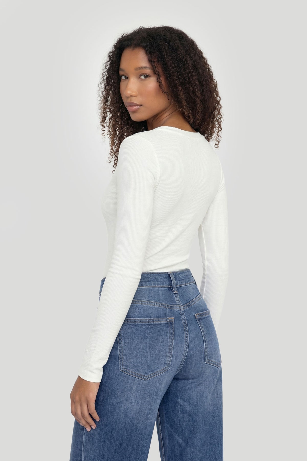 Alt View 2. Ribbed Long Sleeve Henley Bodysuit - Cream