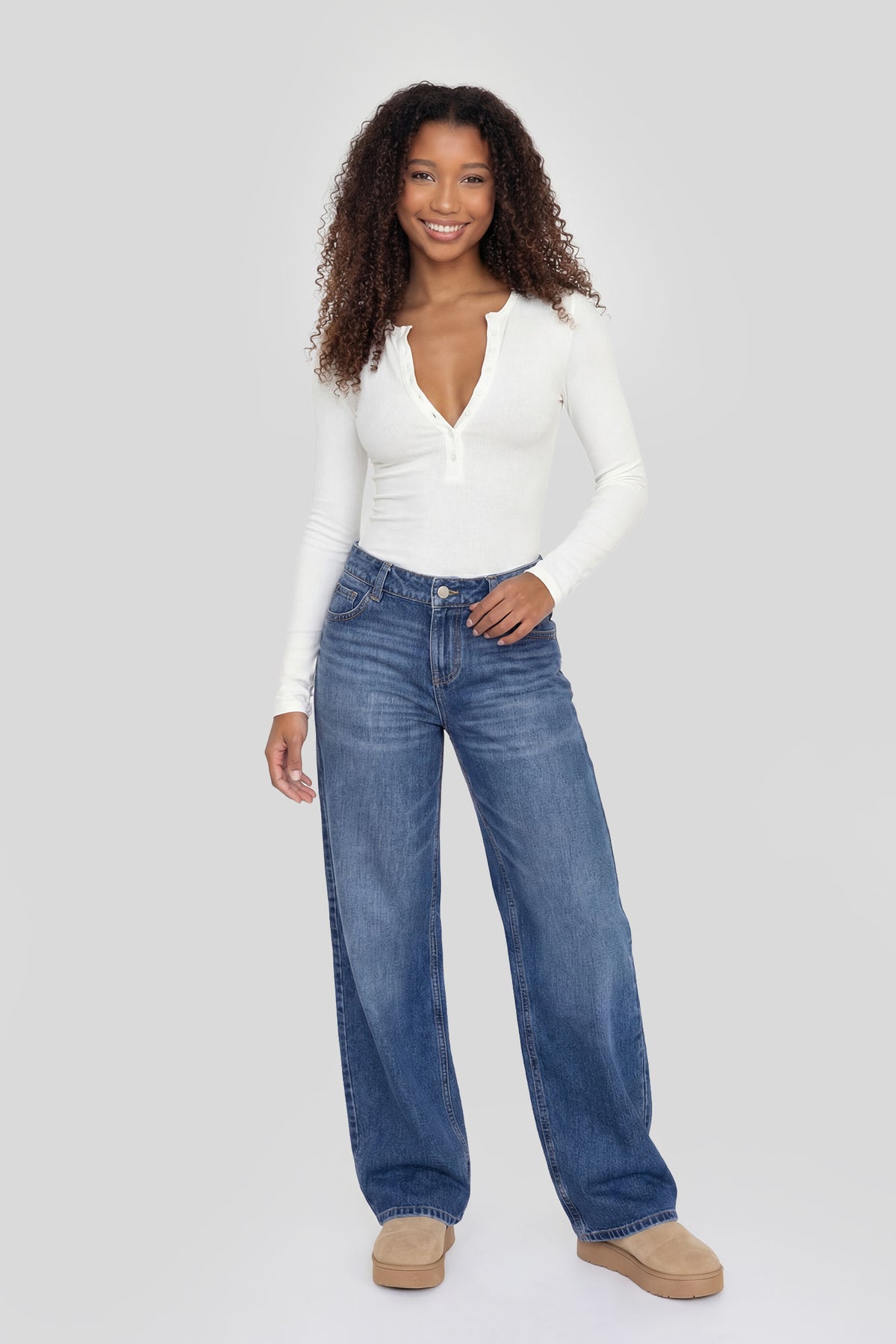 Alt View 3. Ribbed Long Sleeve Henley Bodysuit - Cream