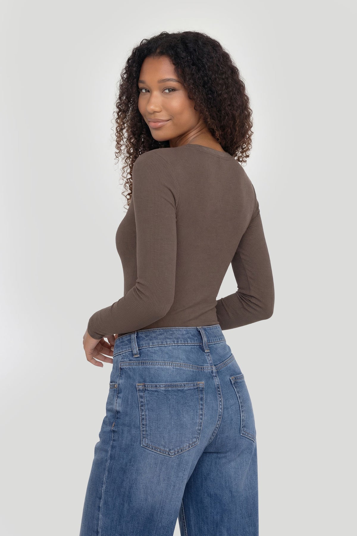 Alt View 2. Ribbed Long Sleeve Henley Bodysuit - Brown