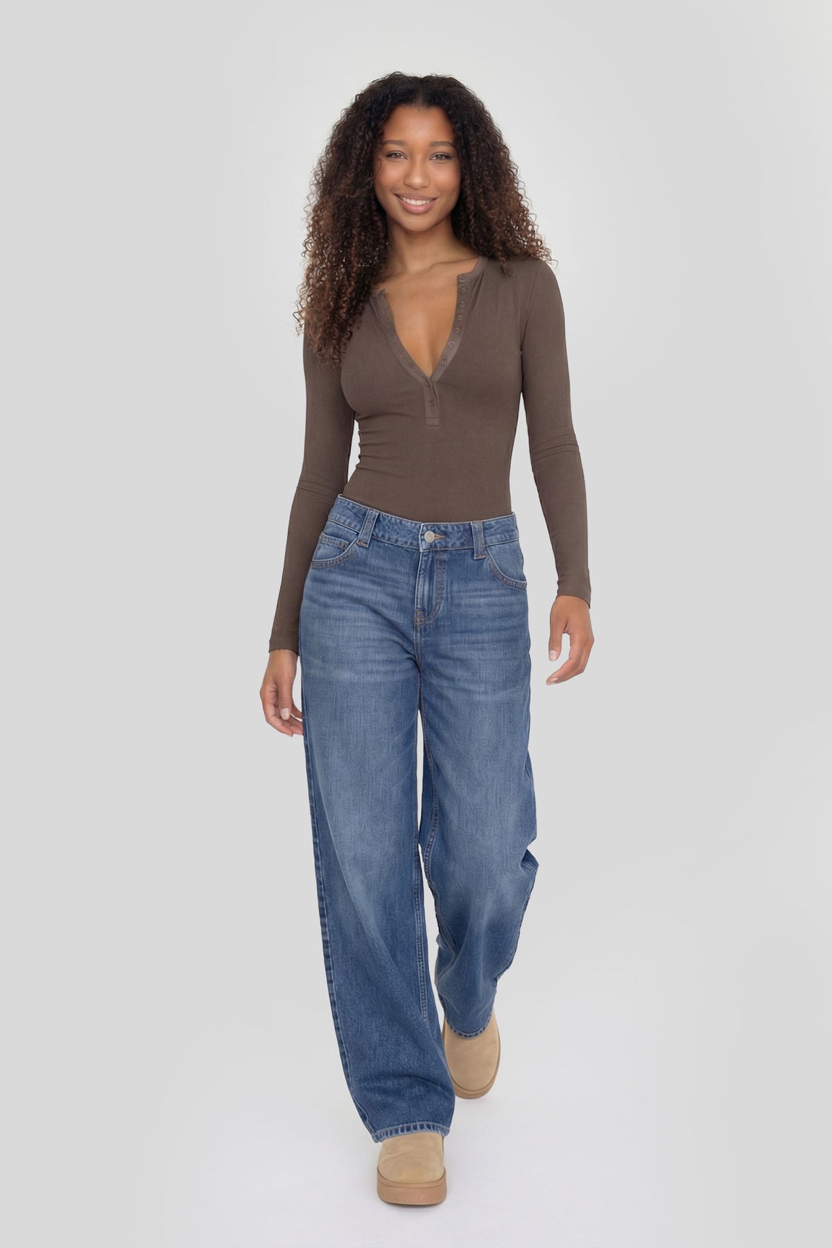 Alt View 3. Ribbed Long Sleeve Henley Bodysuit - Brown