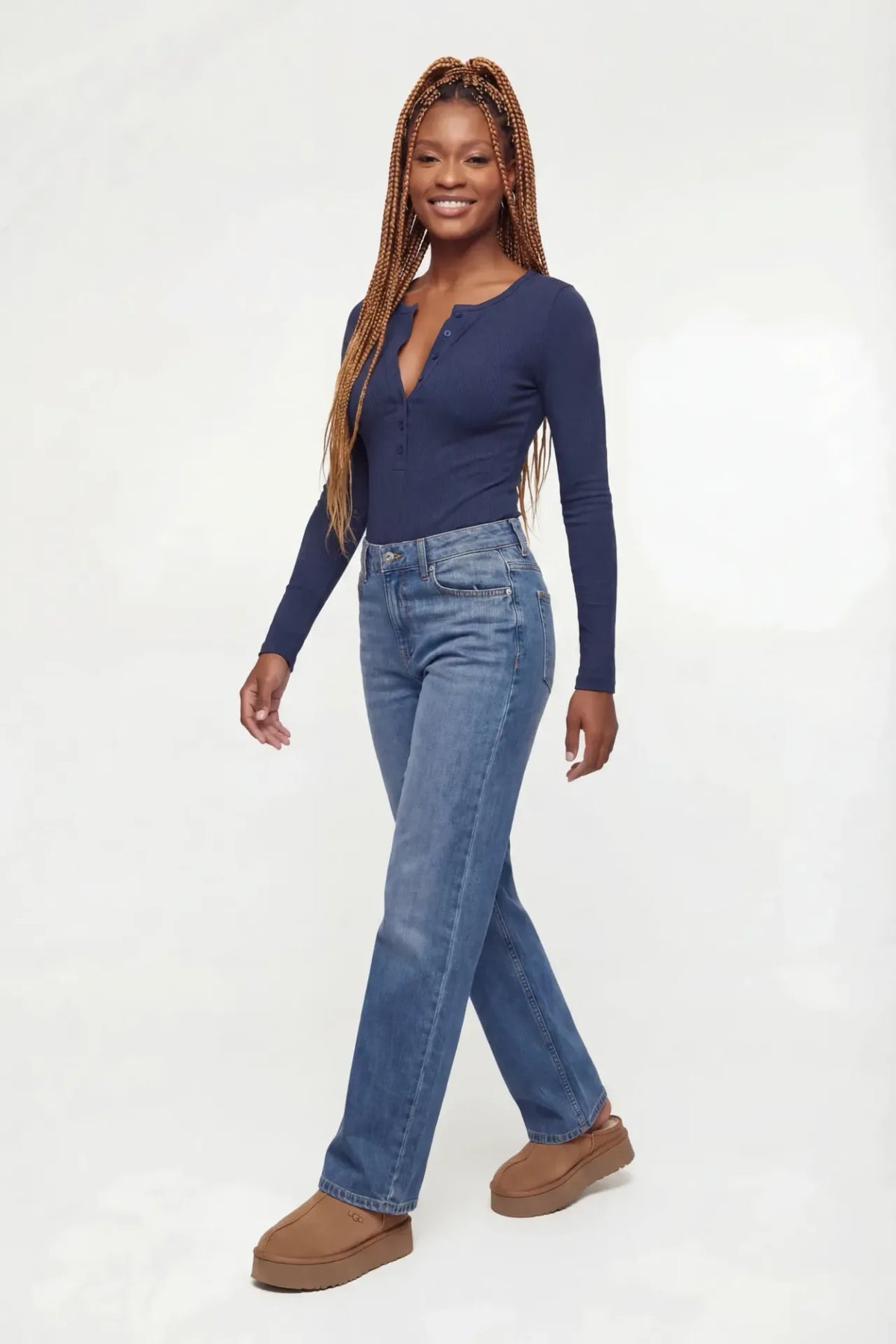 Alt View 3. Ribbed Long Sleeve Henley Bodysuit - Navy