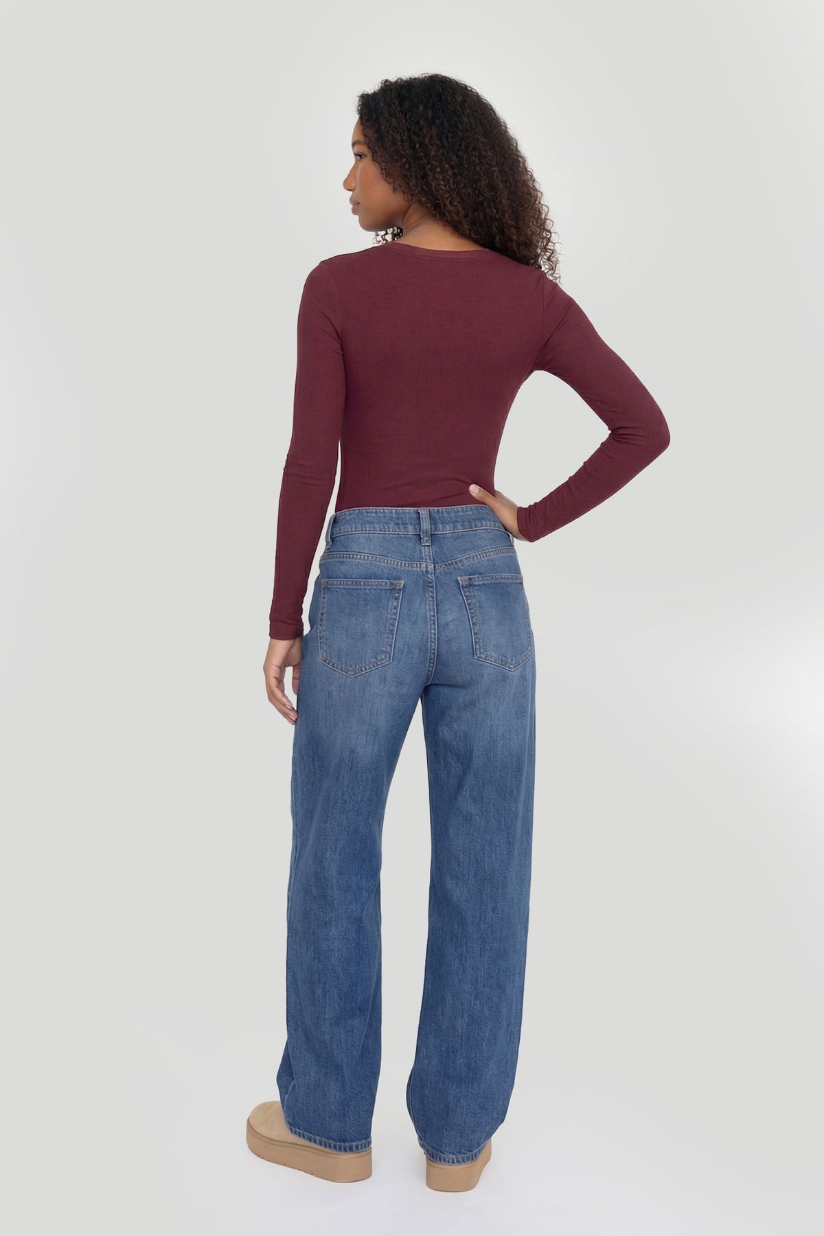 Alt View 2. Ribbed Long Sleeve Henley Bodysuit - Burgundy