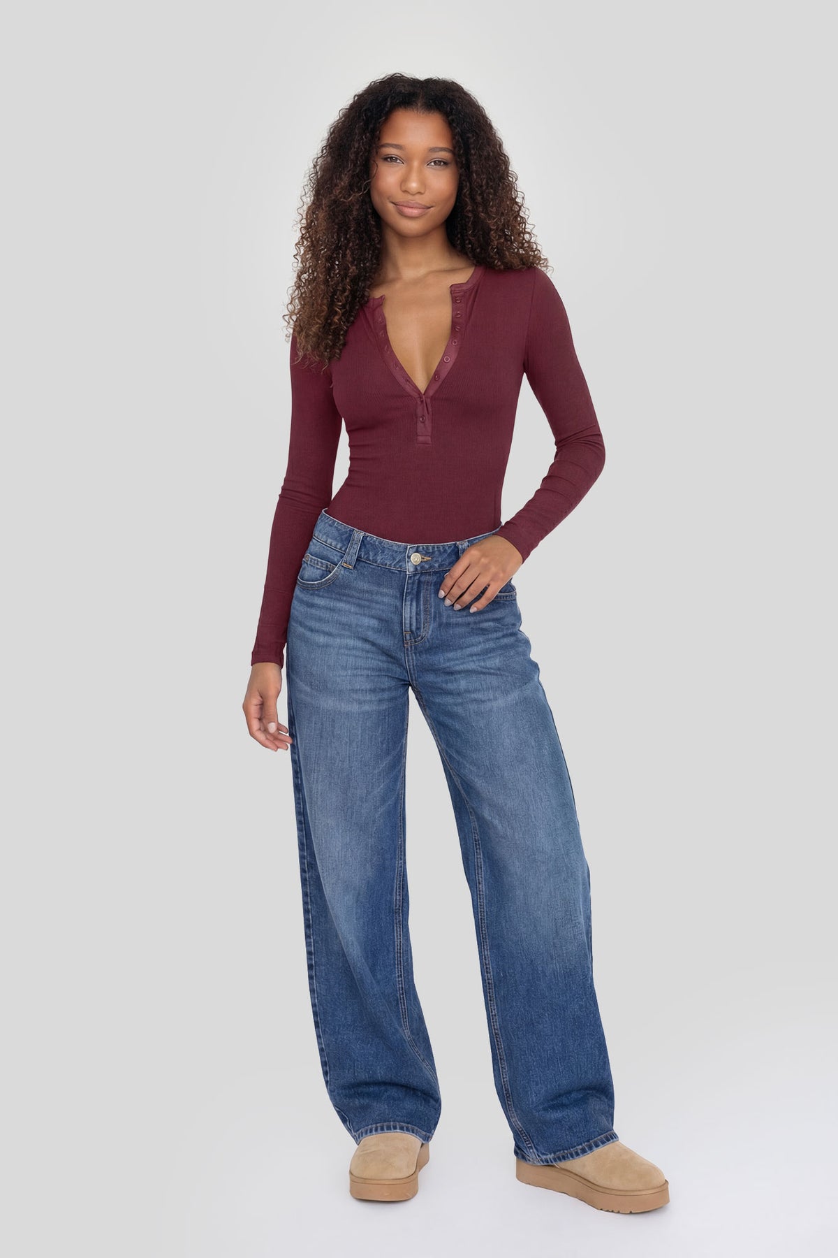 Alt View 3. Ribbed Long Sleeve Henley Bodysuit - Burgundy