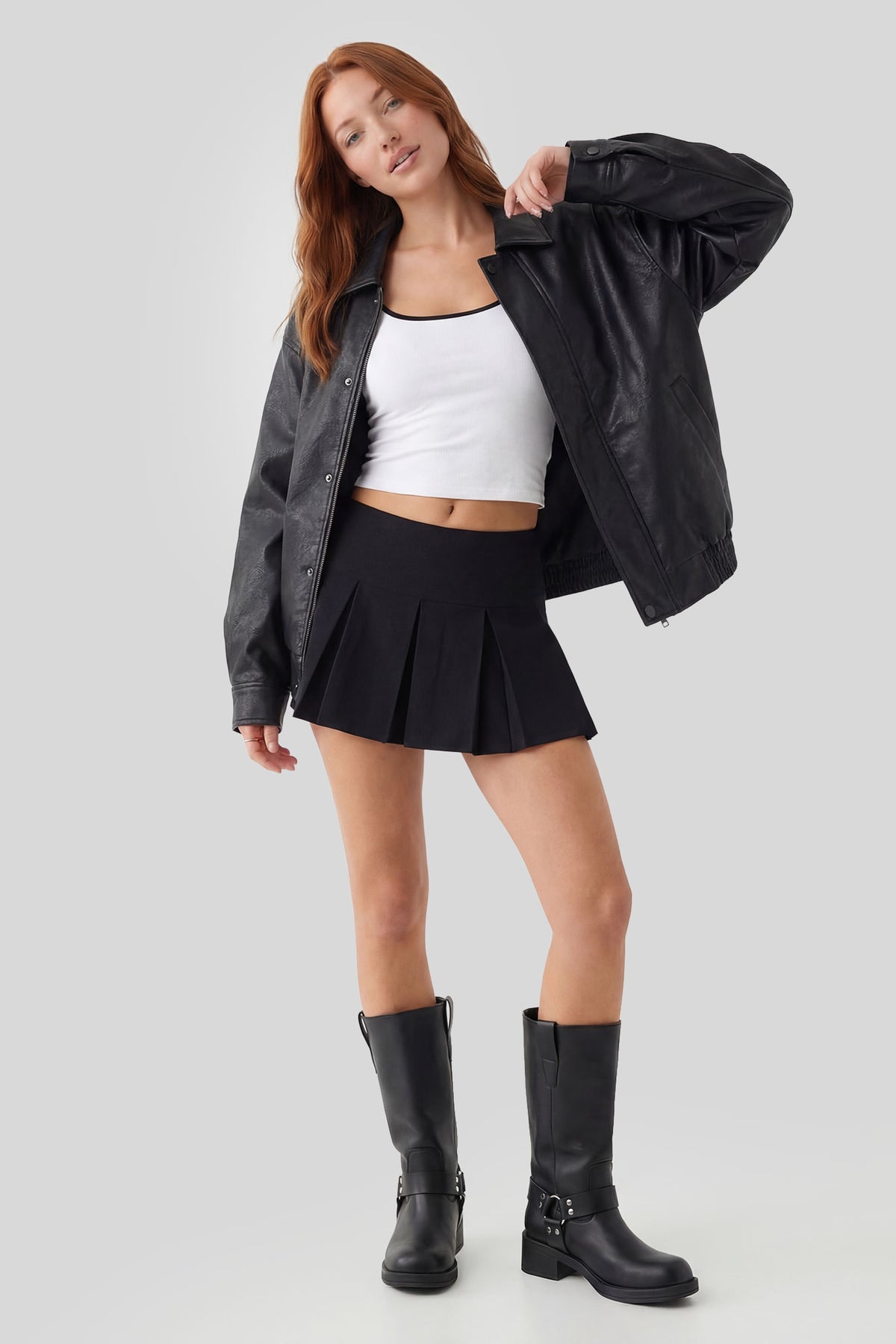 Faux Leather Bomber Jacket - Black