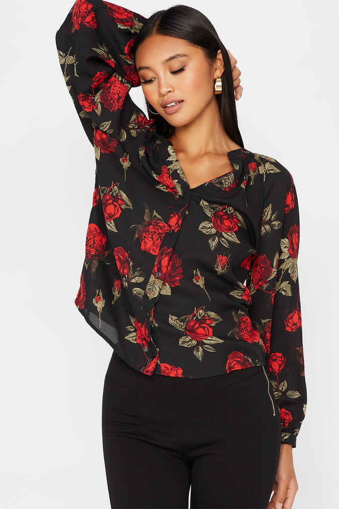 Floral Button Front Long Puff Sleeve Blouse – Charlotte Russe